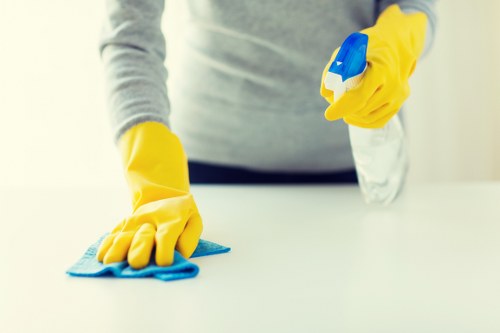 Cleaning specialist handling approved carpet cleaning chemicals with care